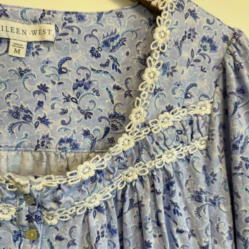 EILEEN WEST Blue Floral Long Sleeve Nightgown Sleep M Medium